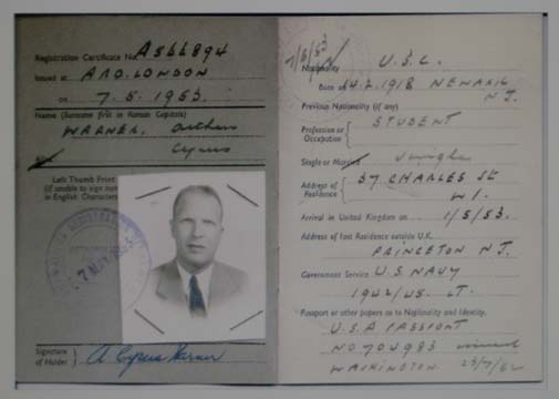 Arthur Warner's Certificate of Registration, England 1953.