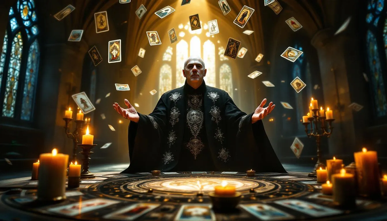 In the image, Aleister Crowley is depicted surrounded by tarot cards, symbolizing his connection to the occult and fortune telling. The scene reflects the intersection of gambling and mysticism, showcasing the influence of tarot in games of chance and the rich history of gambling practices.