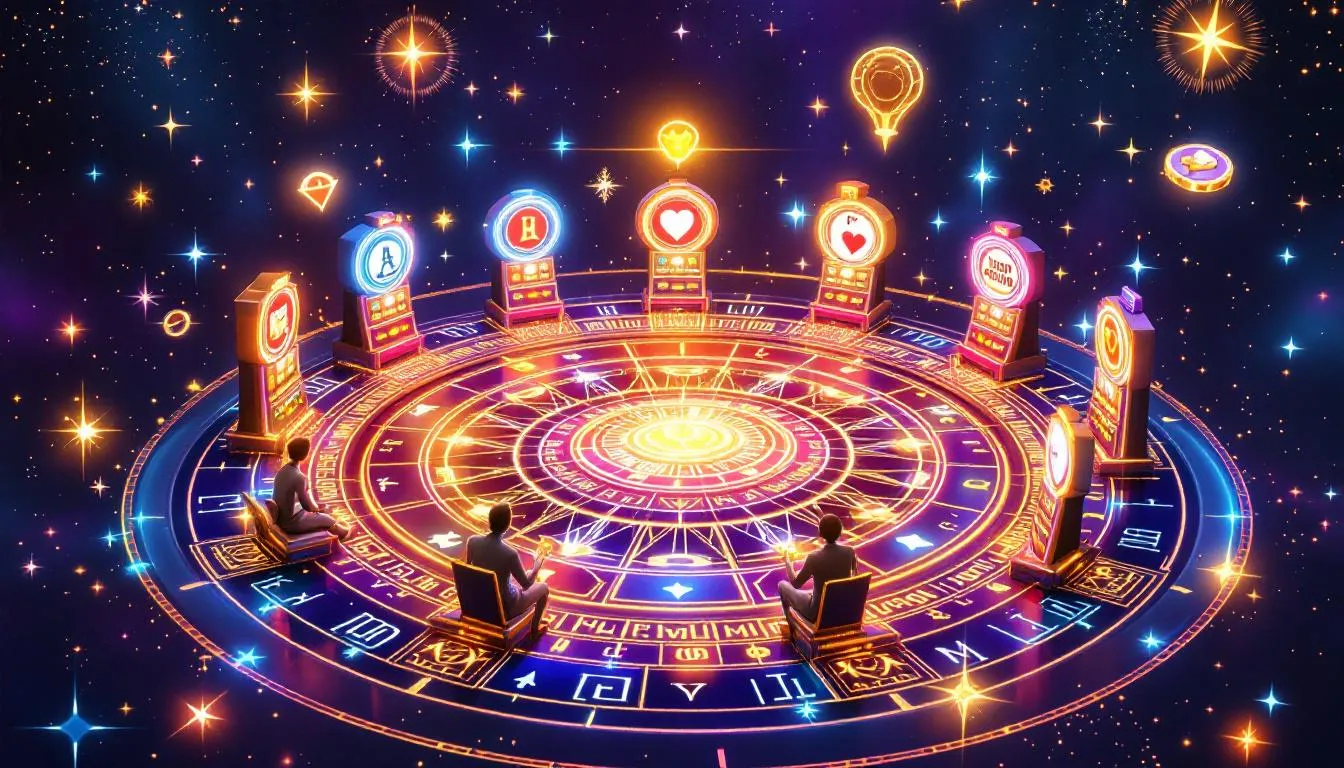 The image depicts a vibrant digital landscape representing social casinos as modern magic circles, where players engage in online gambling through various games like poker and slots. Elements of mysticism, such as tarot cards and fortune telling, blend with the excitement of gaming, illustrating the connection between luck, skill, and the thrill of betting in this virtual world.