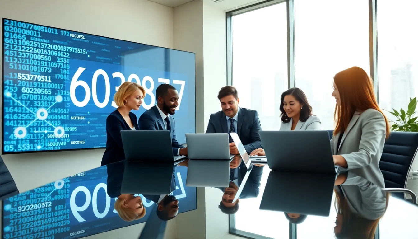 diverse team discussing data in a modern office.