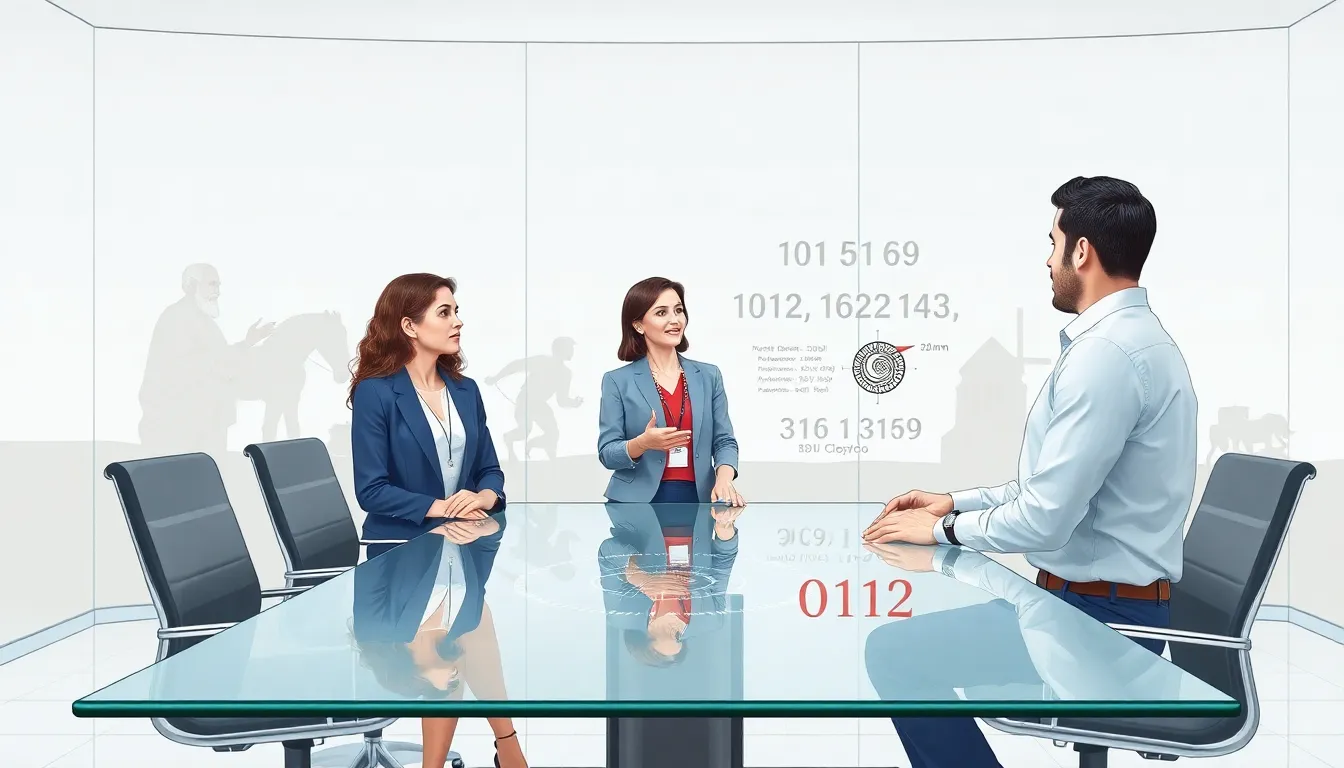 professionals discussing number patterns in a modern office.