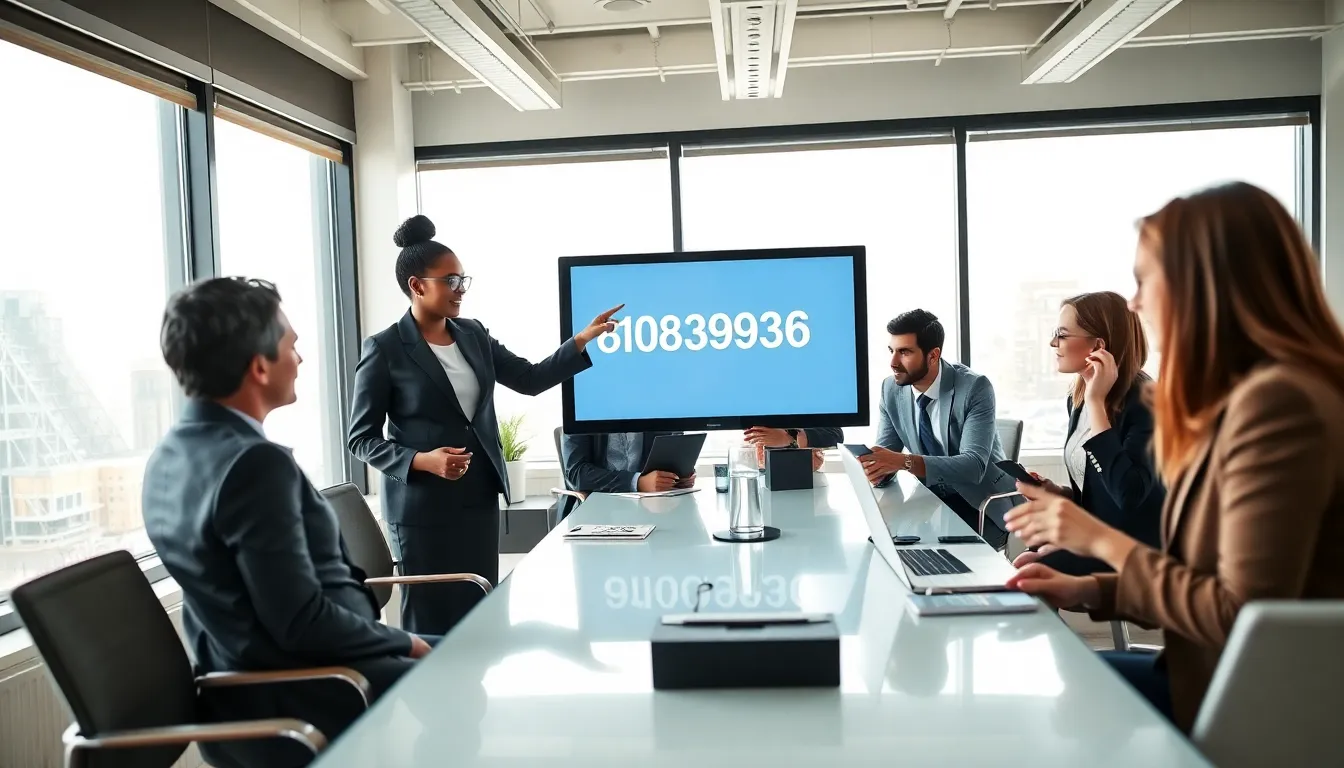 diverse team discussing a customer service number in a modern office.