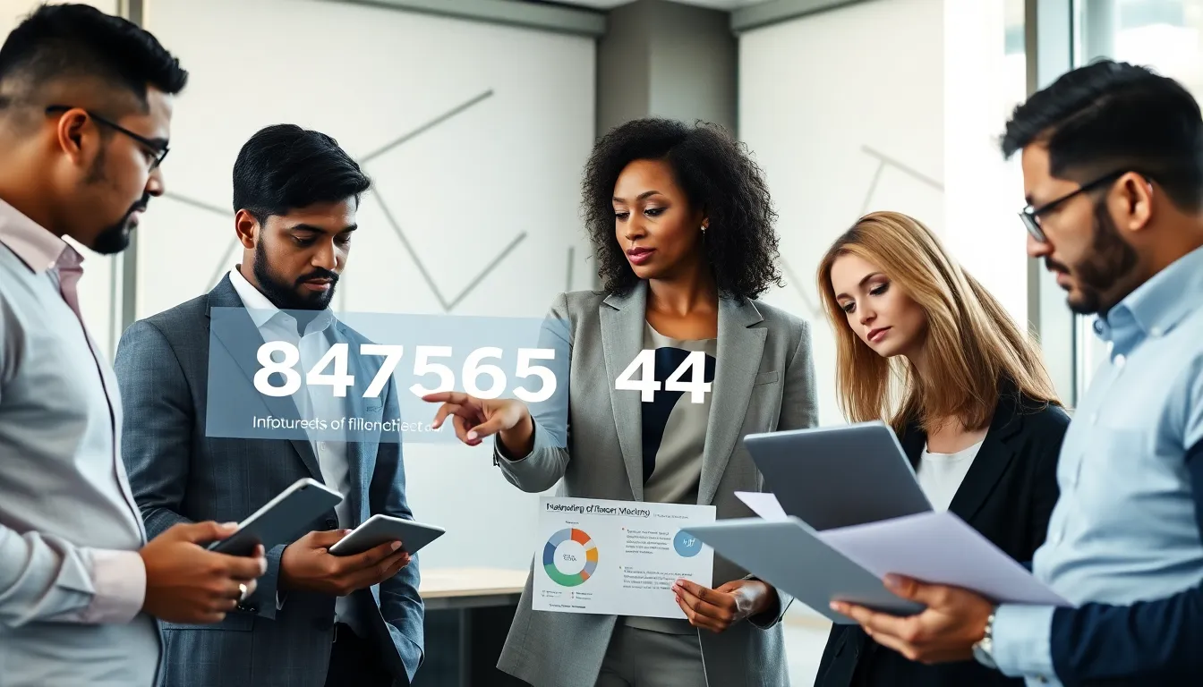 diverse team discussing the significance of the number 8475651443 in an office.