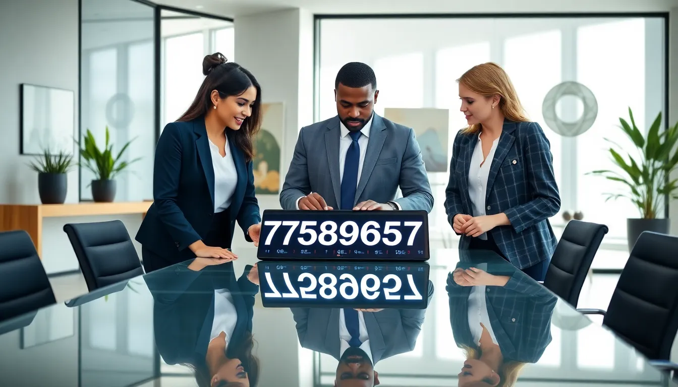 professionals discussing the significance of a number in a modern office.